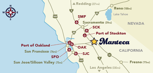 Map showing airports and ports within driving distance of Manteca